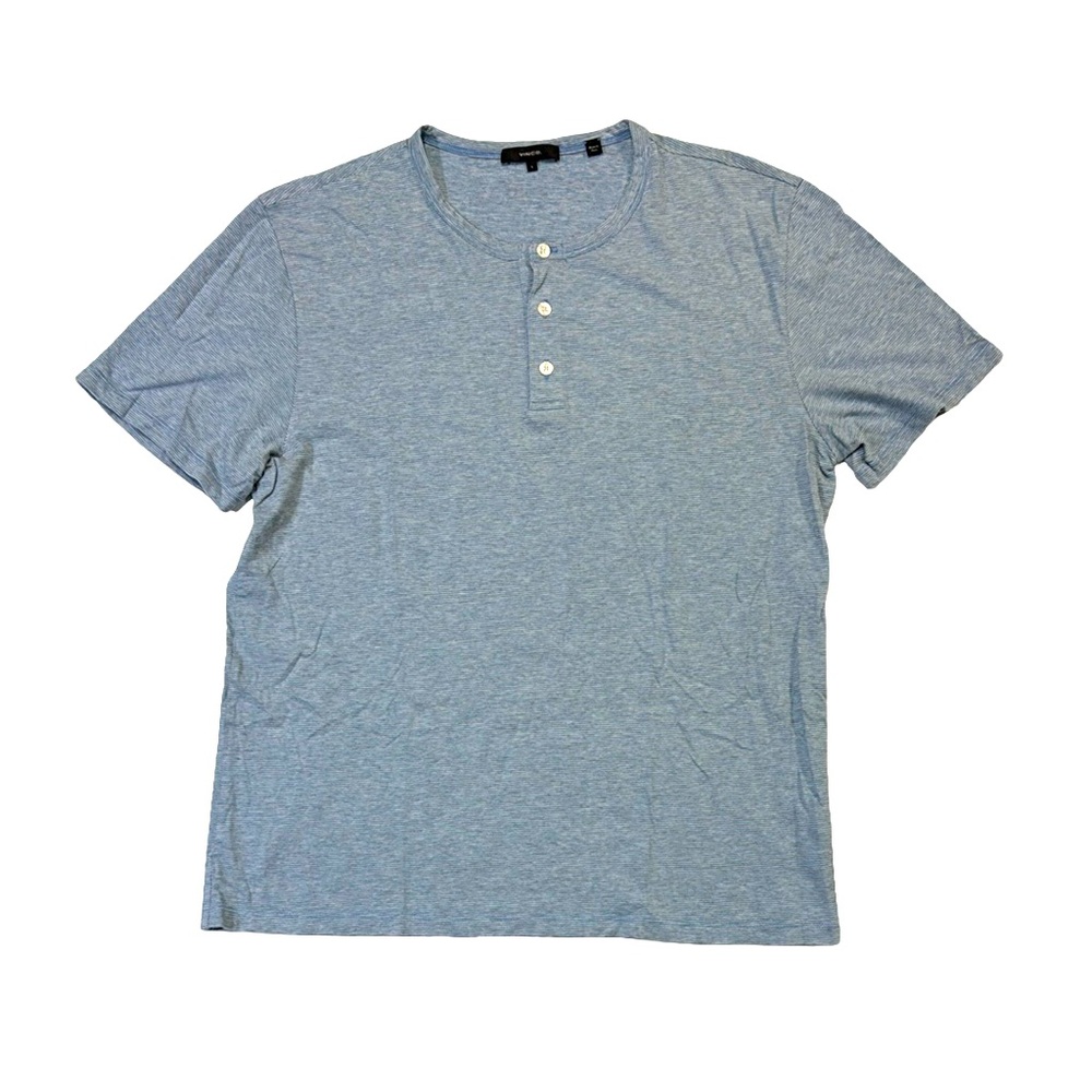 Vince mens L Large light blue stripe soft cotton rayon short sleeve Henley shirt